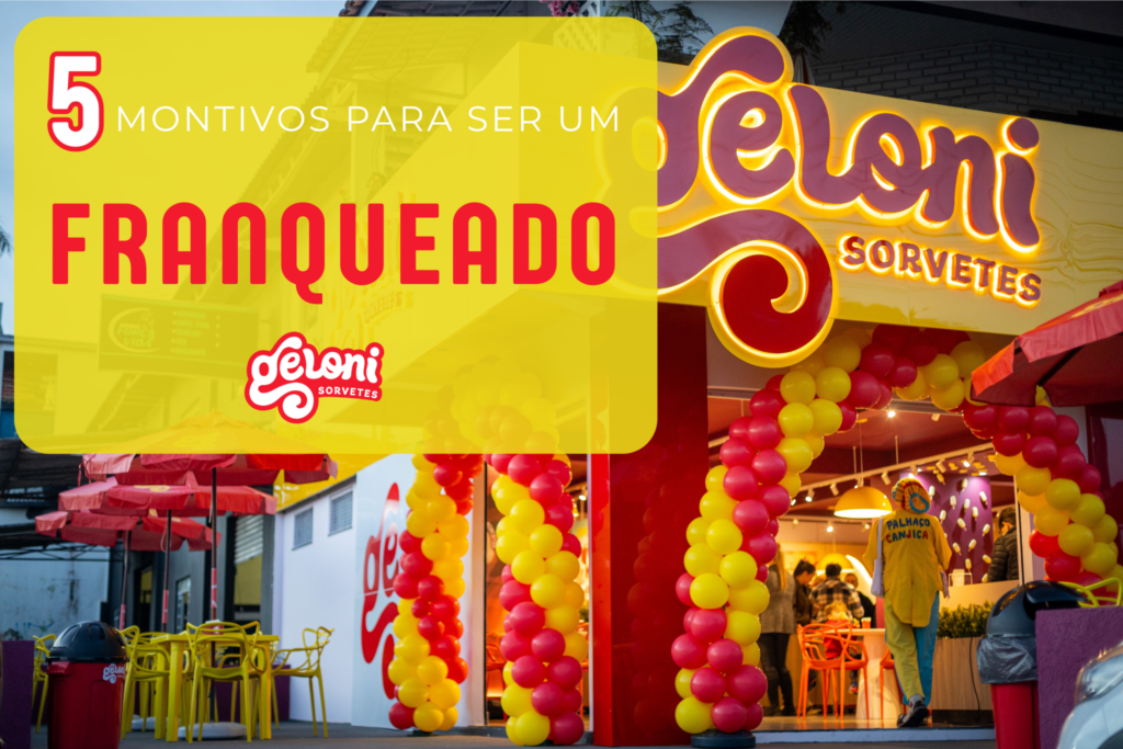Infográfico promocional com a fachada de uma sorveteria Geloni iluminada e decorada com balões vermelhos e amarelos. No canto superior esquerdo, um quadro amarelo contém o texto "5 Motivos para ser um franqueado".